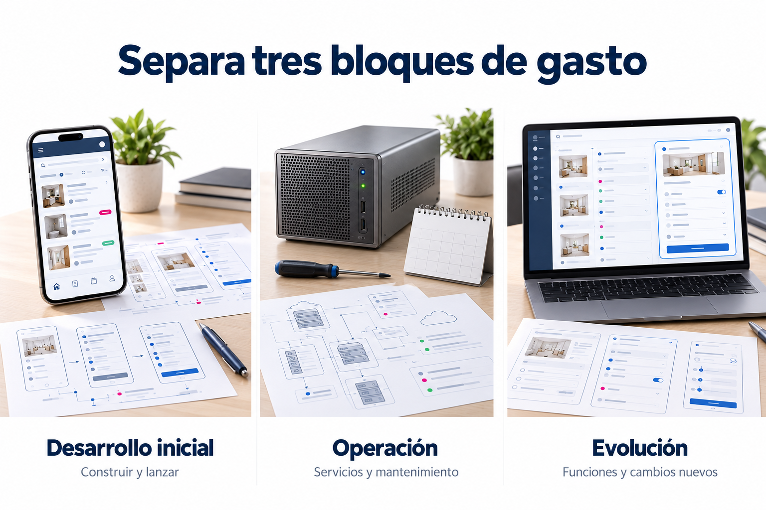 Desarrollo inicial, operación y mejoras como bloques distintos del presupuesto de una aplicación.