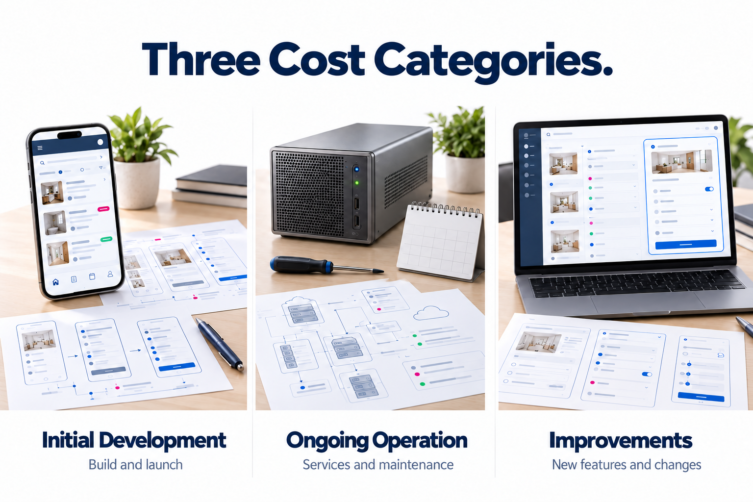 Initial development, ongoing operation, and improvements as separate parts of an app budget.