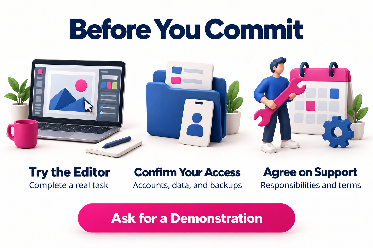 Test content editing, confirm account access, and agree on support before commissioning a website.