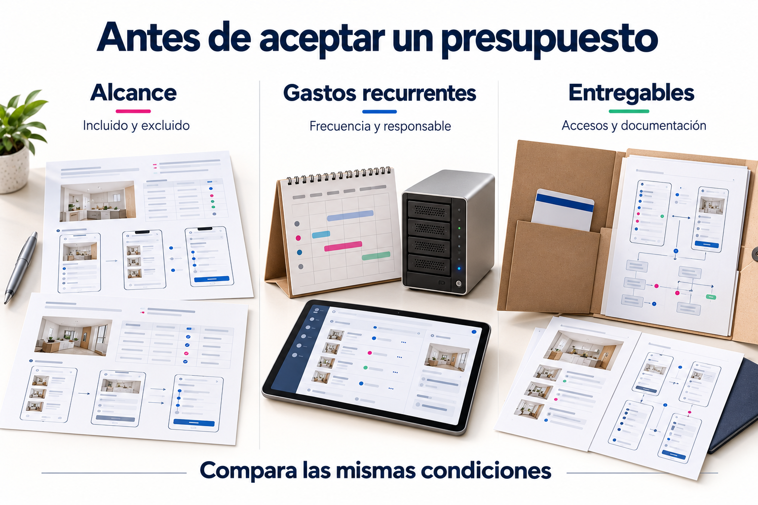 Revisar alcance, gastos recurrentes y entregables antes de aceptar un presupuesto de desarrollo.