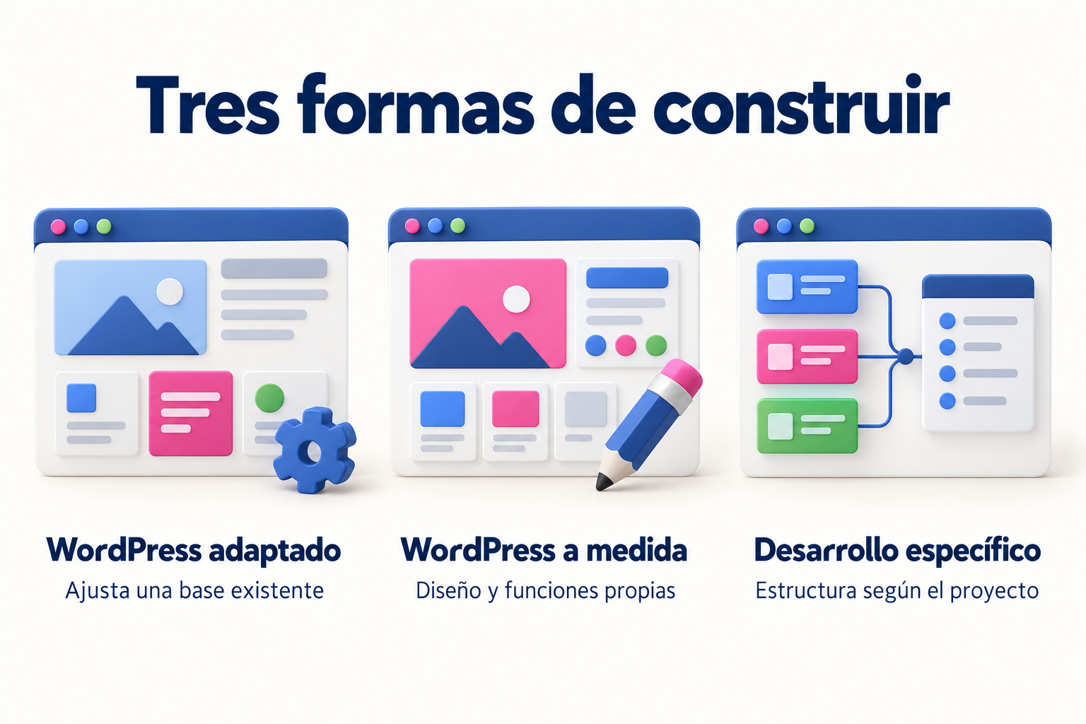 WordPress con tema adaptado, WordPress personalizado y desarrollo específico como alternativas de implementación.