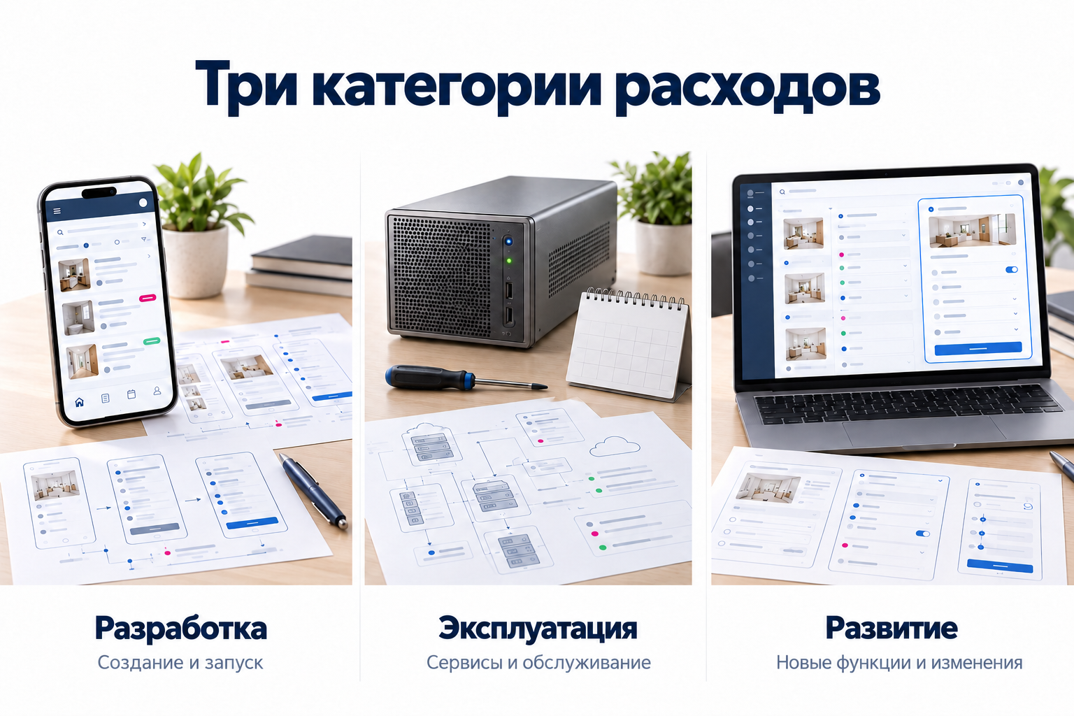Первоначальная разработка, текущая работа и развитие как отдельные части бюджета приложения.