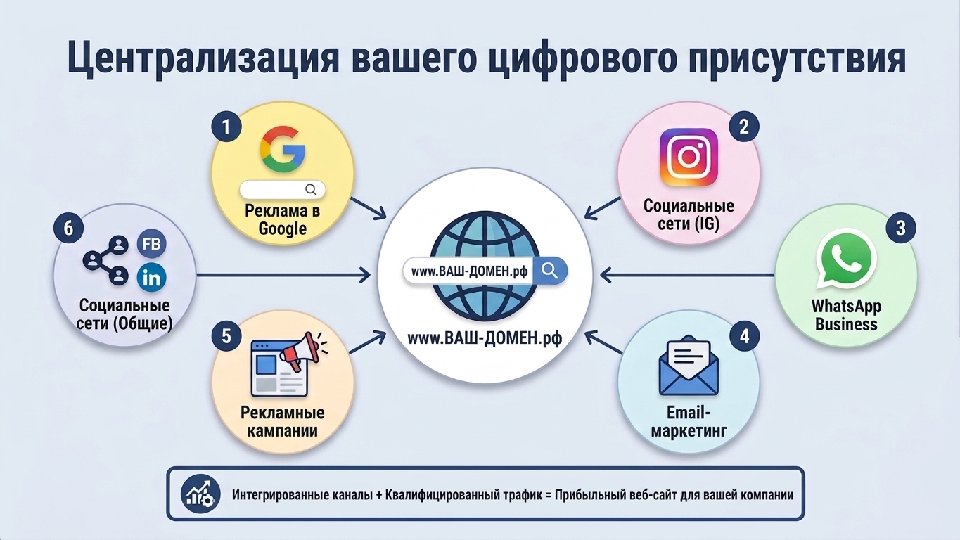 цифровое присутствие бизнеса с сайтом, социальными сетями и WhatsApp
