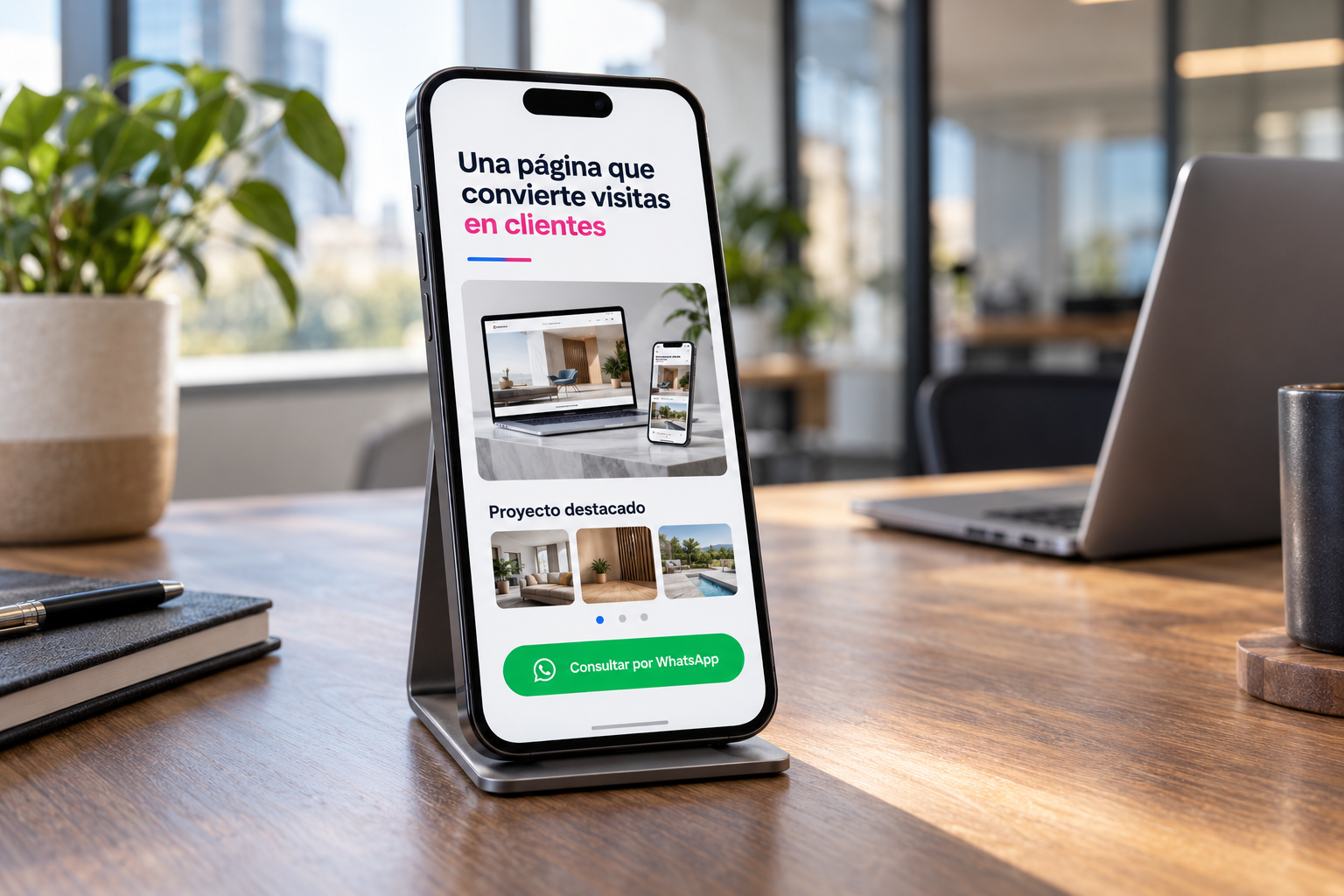 Página móvil con información del servicio y una llamada clara para consultar por WhatsApp.