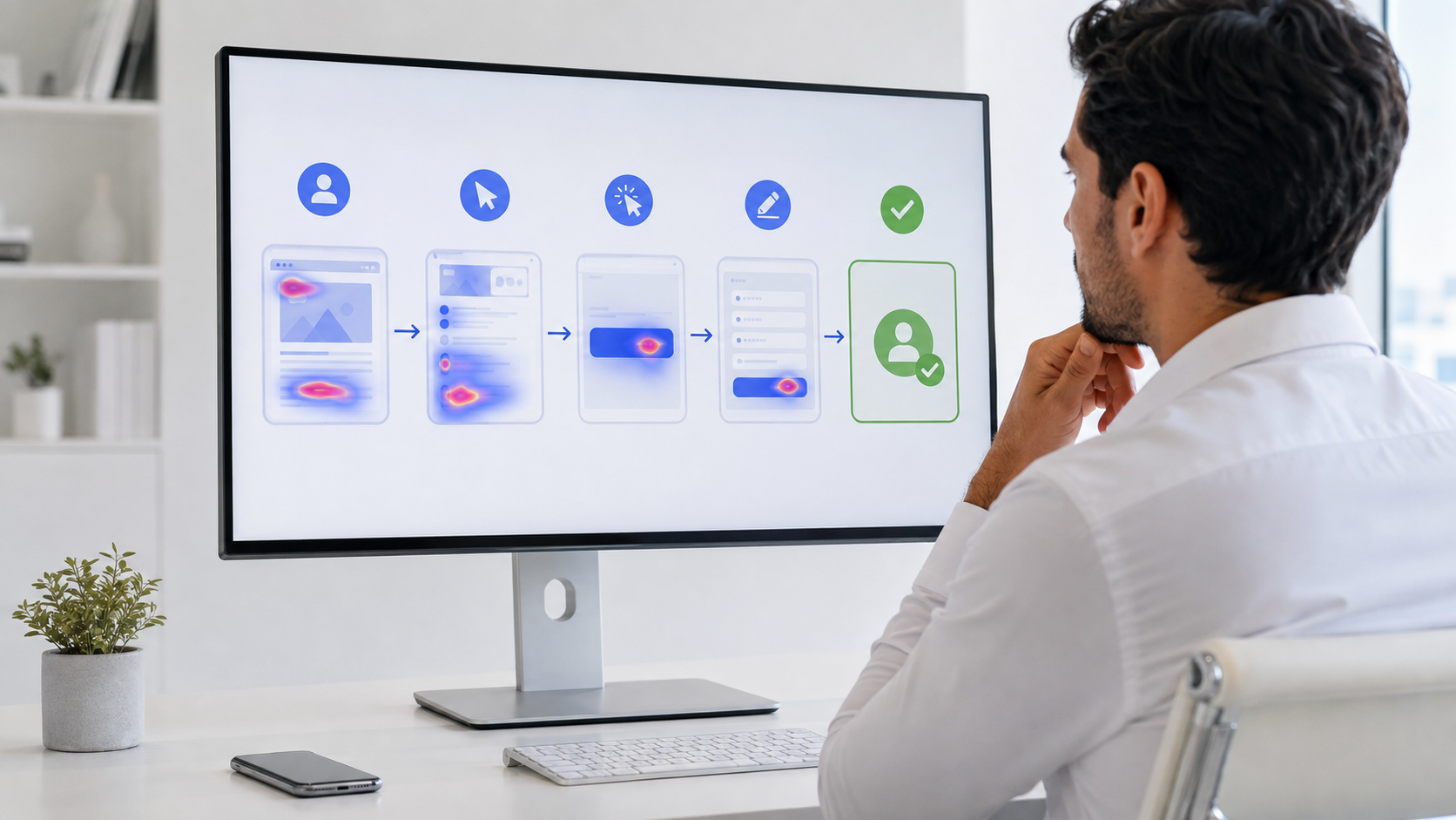 UX specialist reviewing a conversion-focused website with a clear offer, trust signals, contact button, and short form