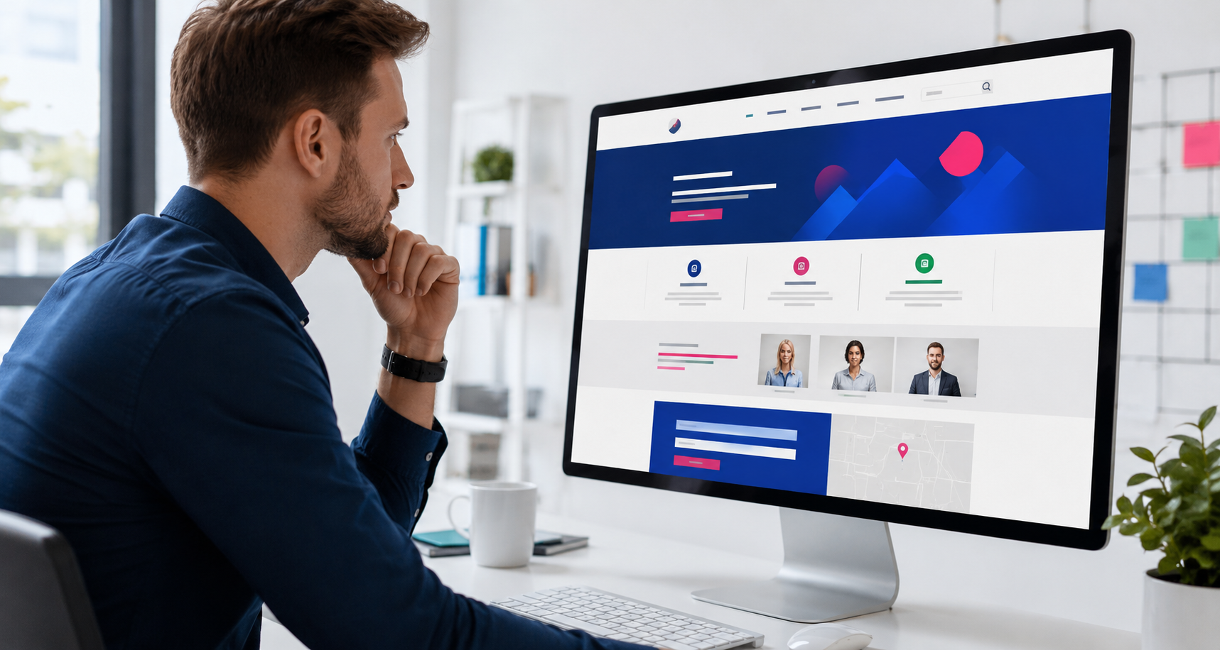 Profesional revisando una página web con diseño ordenado, propuesta de valor clara e información empresarial visible.