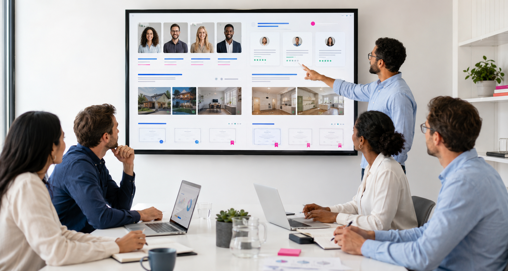 Equipo profesional revisando testimonios, proyectos y pruebas reales presentadas en una página web.