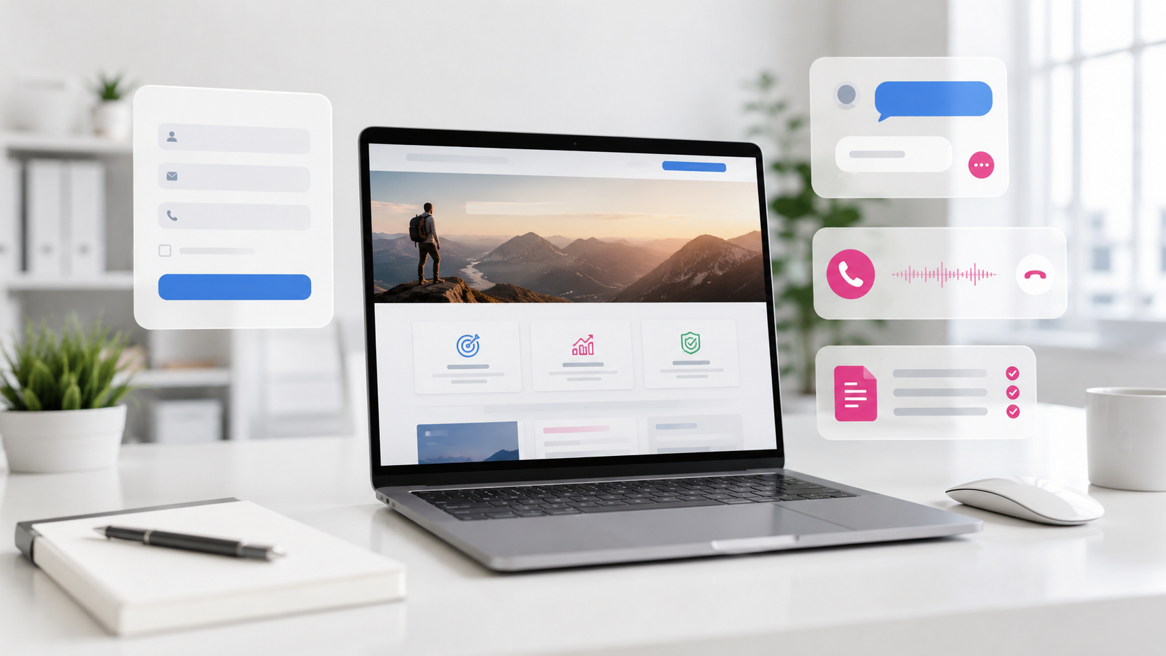 estructura de una página web con propuesta de valor, servicios, pruebas de confianza y formulario.