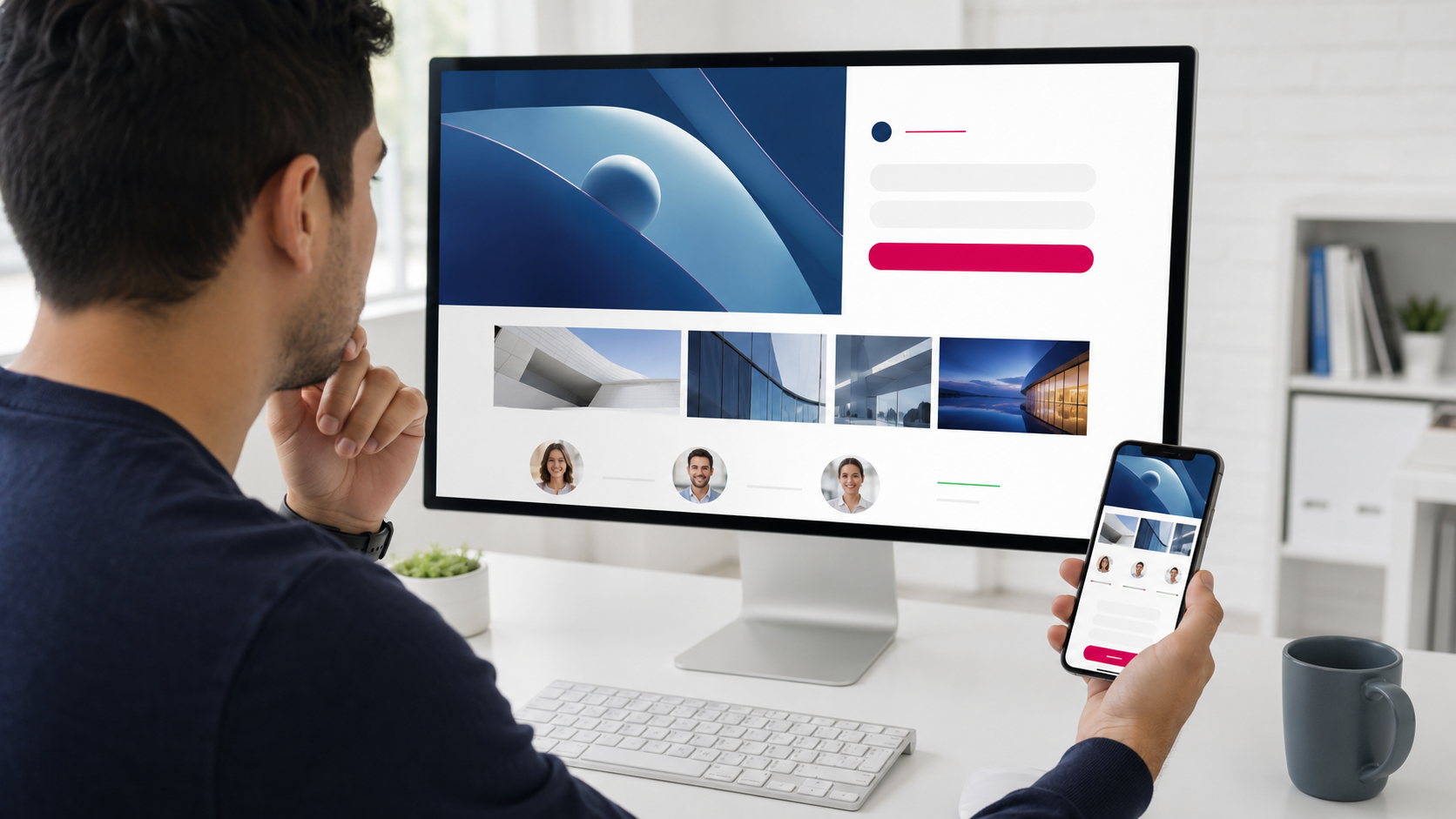 Especialista revisando una página web optimizada con propuesta clara, confianza, botón de contacto y formulario breve