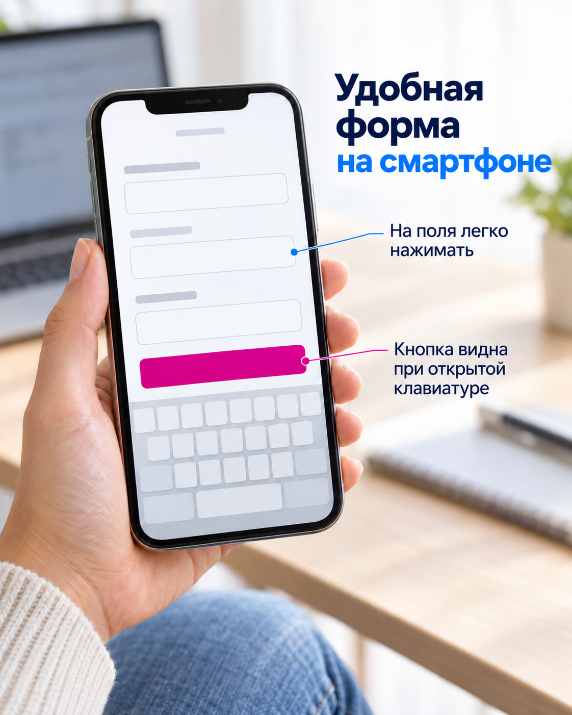 Мобильная форма обращения с удобным расположением полей и кнопкой над экранной клавиатурой.
