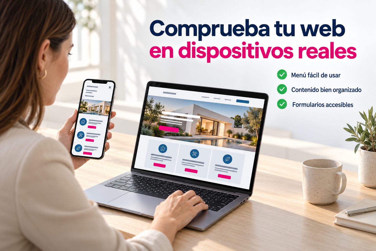 Revisión de una web en distintos dispositivos para comprobar navegación, contenido y contacto.