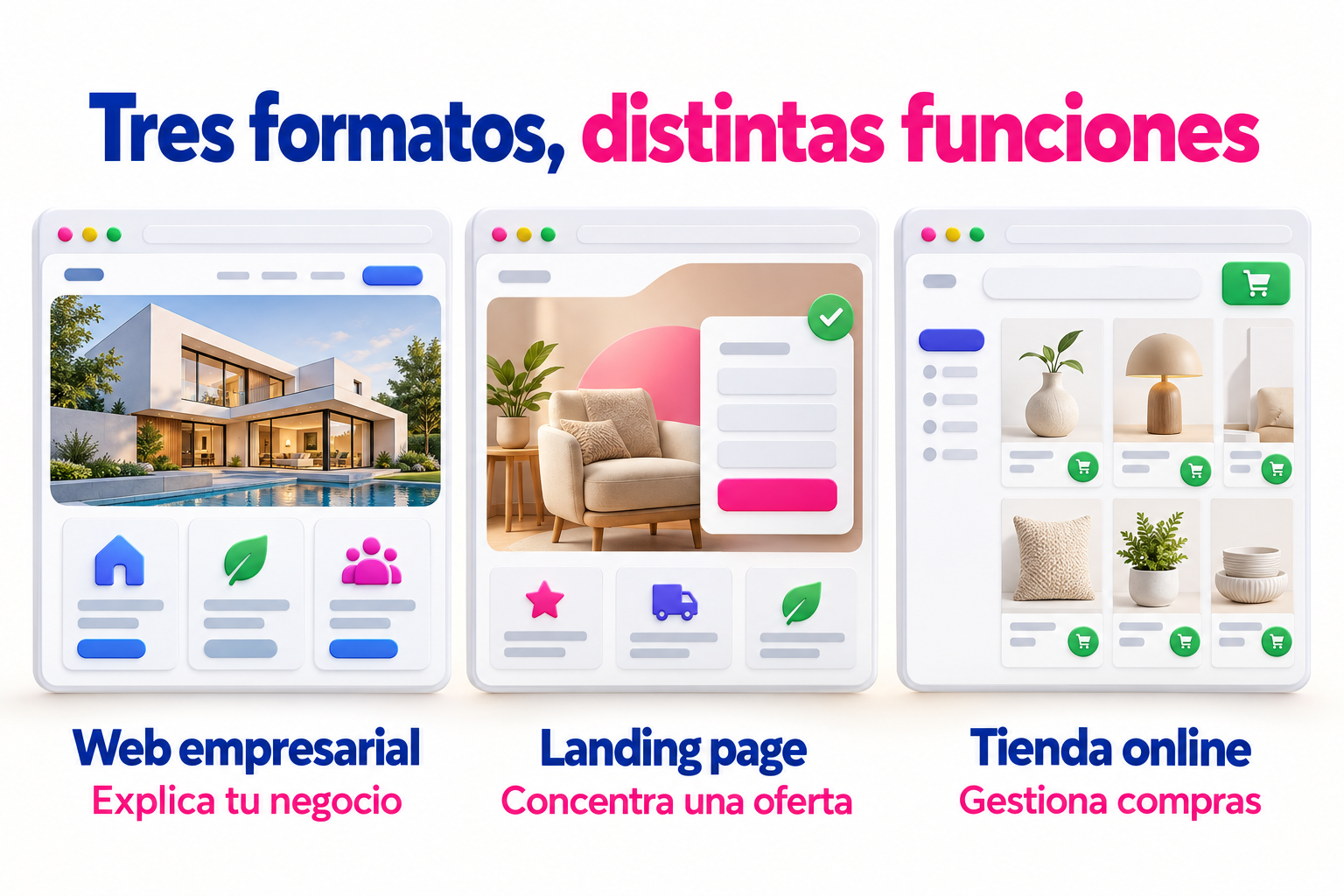 Web empresarial para informar, landing page para una oferta y tienda online para gestionar compras.