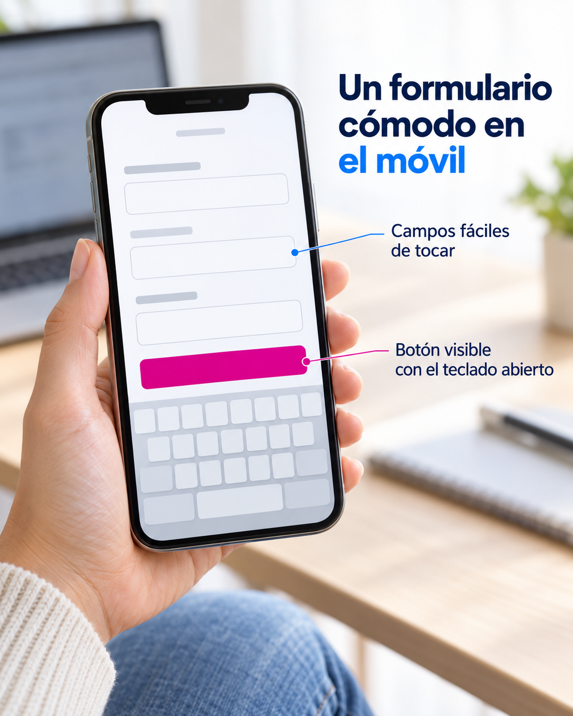 Formulario de contacto adaptado al móvil con controles separados y botón visible sobre el teclado.