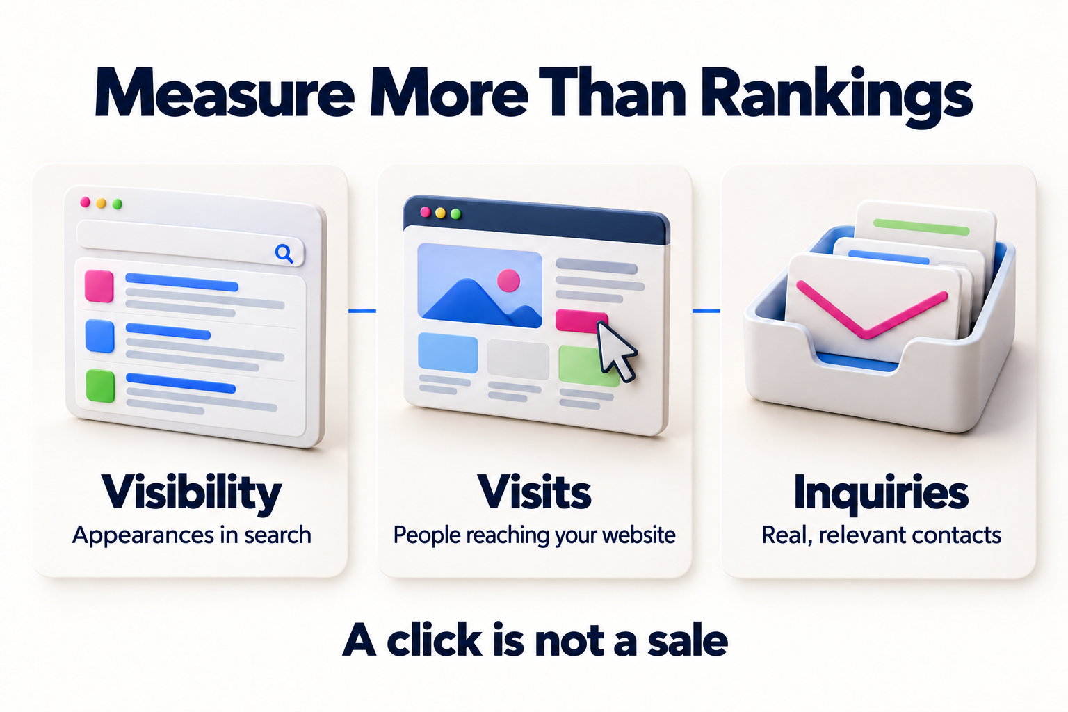 Three measurement levels: search appearances, website visits, and real inquiries.