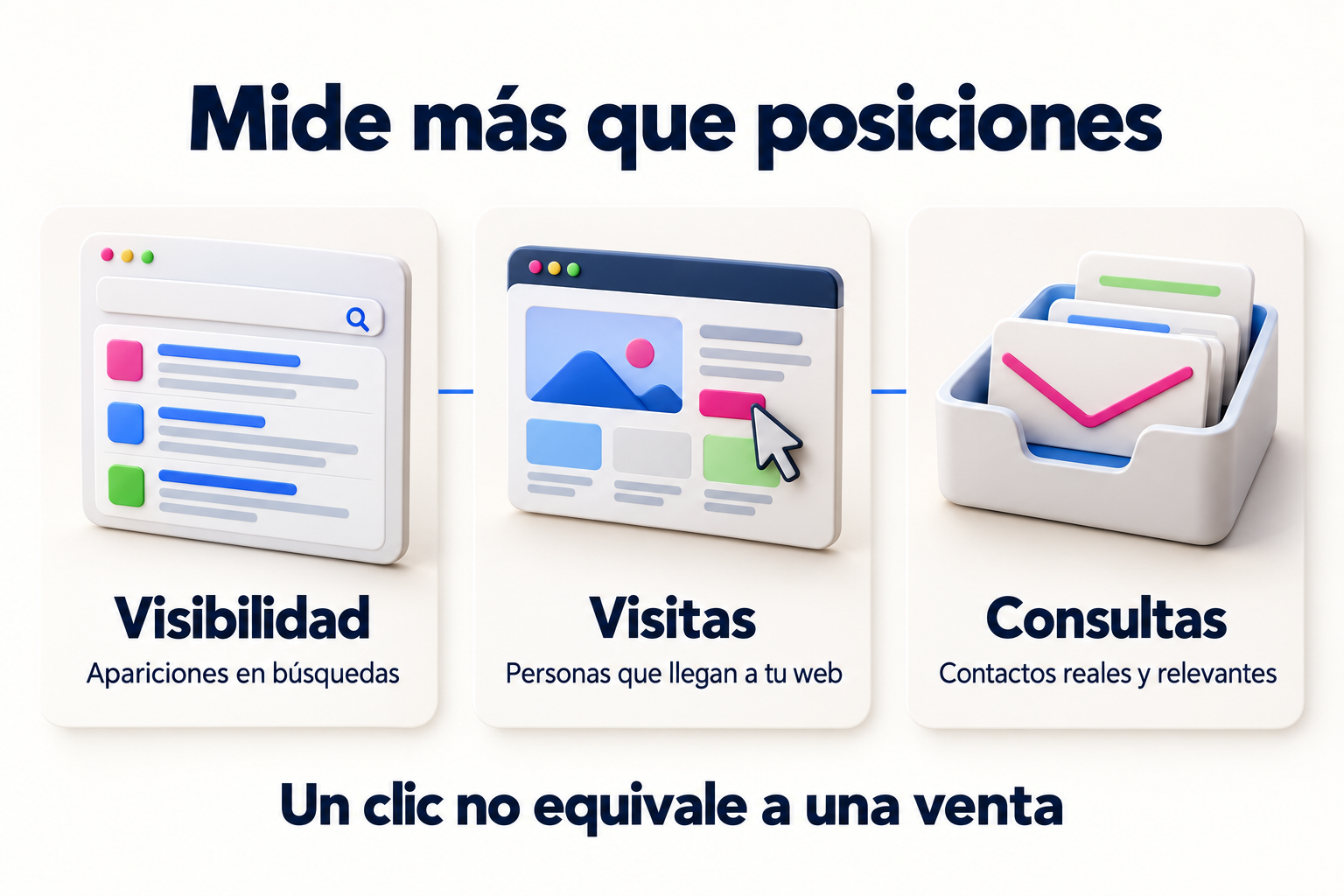 Tres niveles de medición: apariciones en búsquedas, visitas y consultas reales.