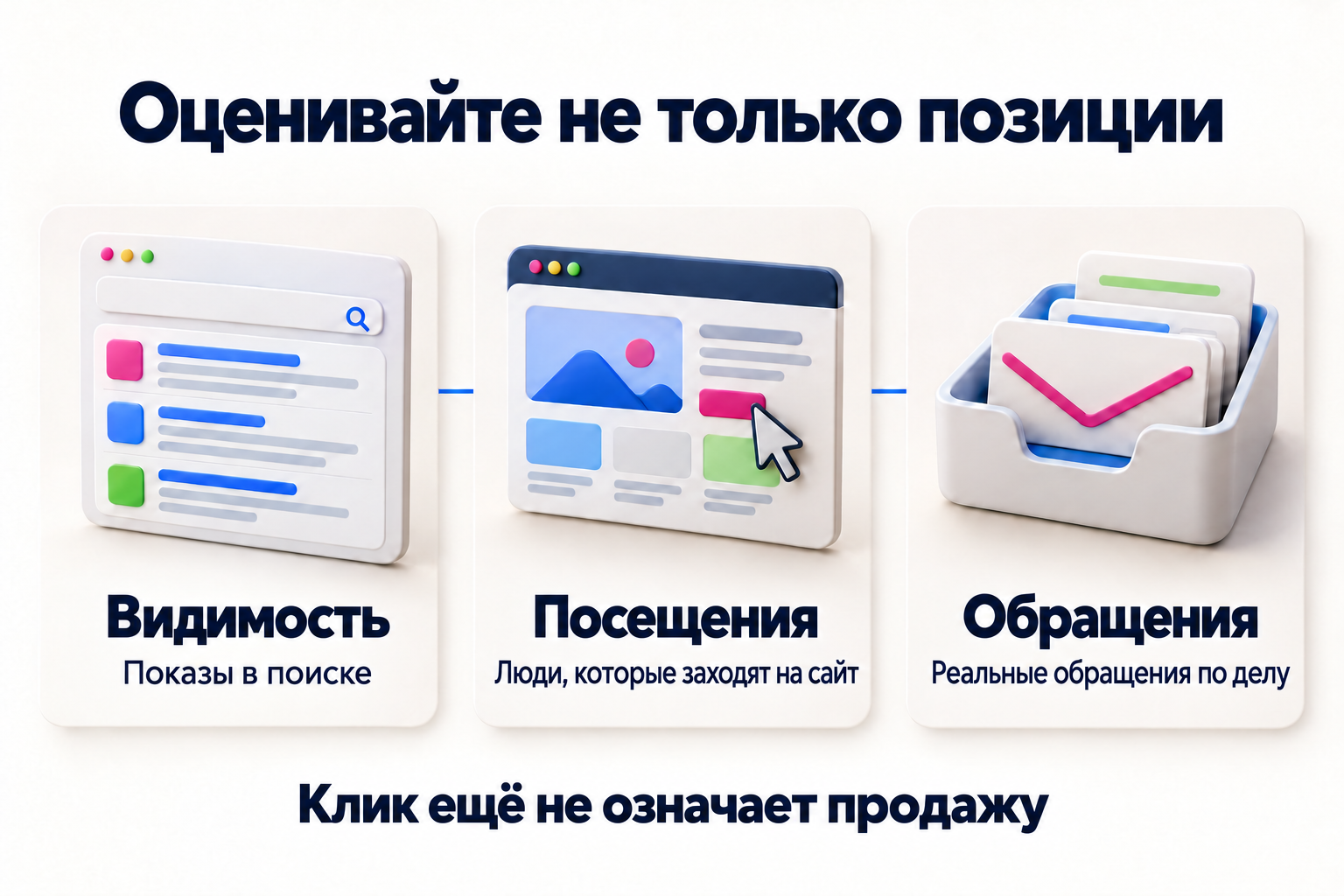 Три уровня оценки: показы в поиске, посещения сайта и реальные обращения.