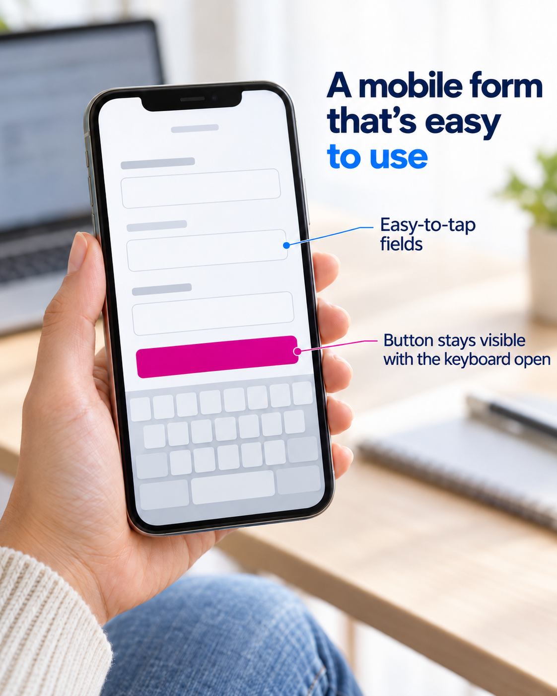 Mobile contact form with spaced controls and a submit button visible above the keyboard.