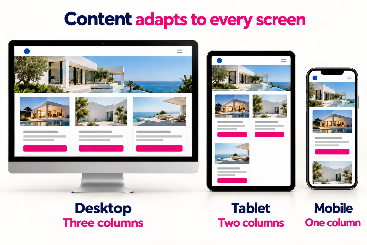A responsive website reorganizing the same content across desktop, tablet, and mobile screens.