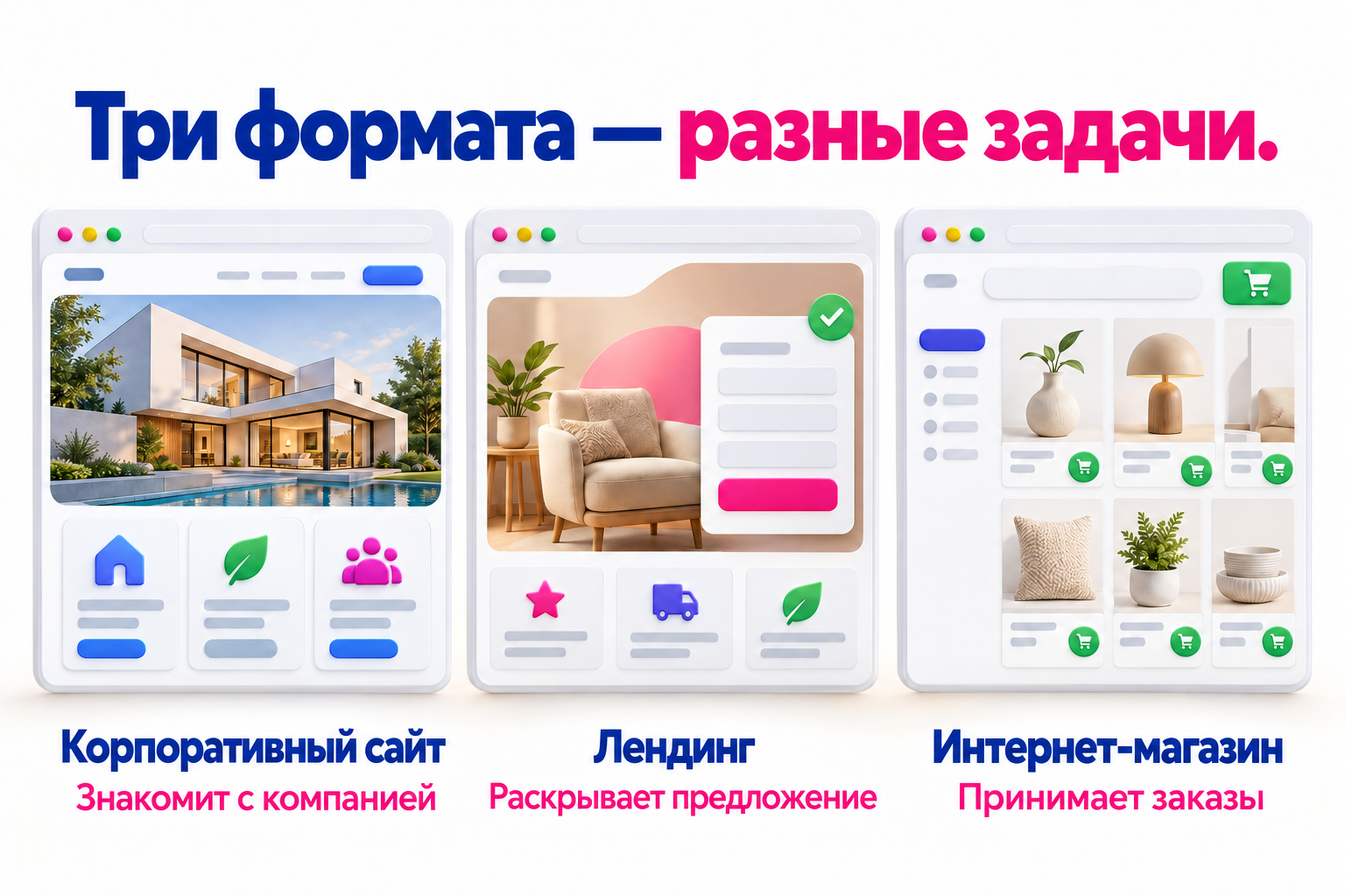 Корпоративный сайт знакомит с услугами, лендинг раскрывает предложение, интернет-магазин принимает заказы.