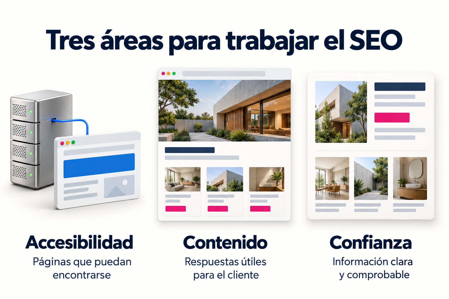 Accesibilidad técnica, contenido útil e información fiable como áreas de trabajo SEO.