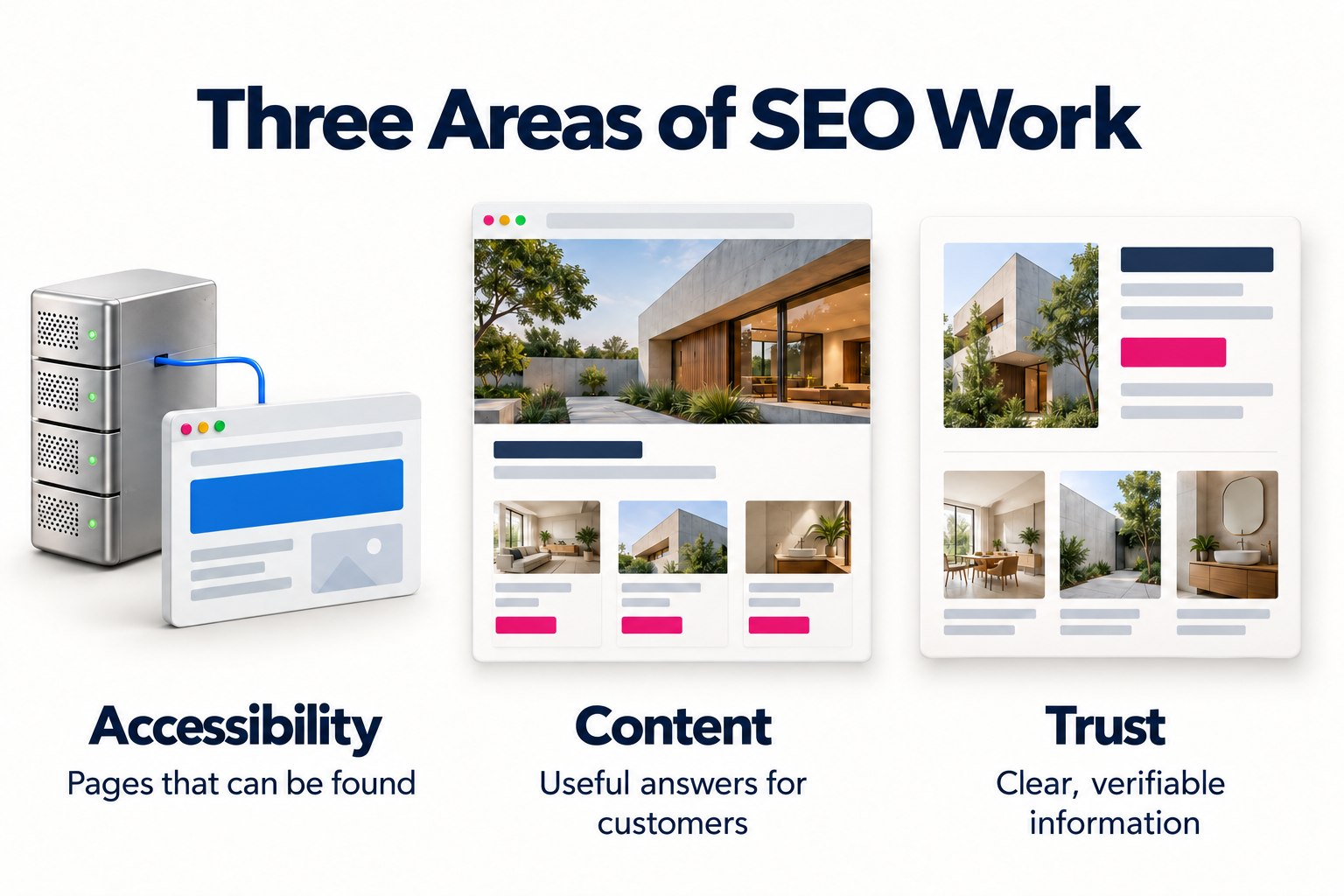 Technical accessibility, useful content, and trustworthy information as areas of SEO work.