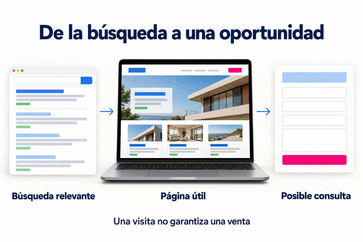 Una búsqueda conecta con una página de servicio y una posible consulta del cliente.