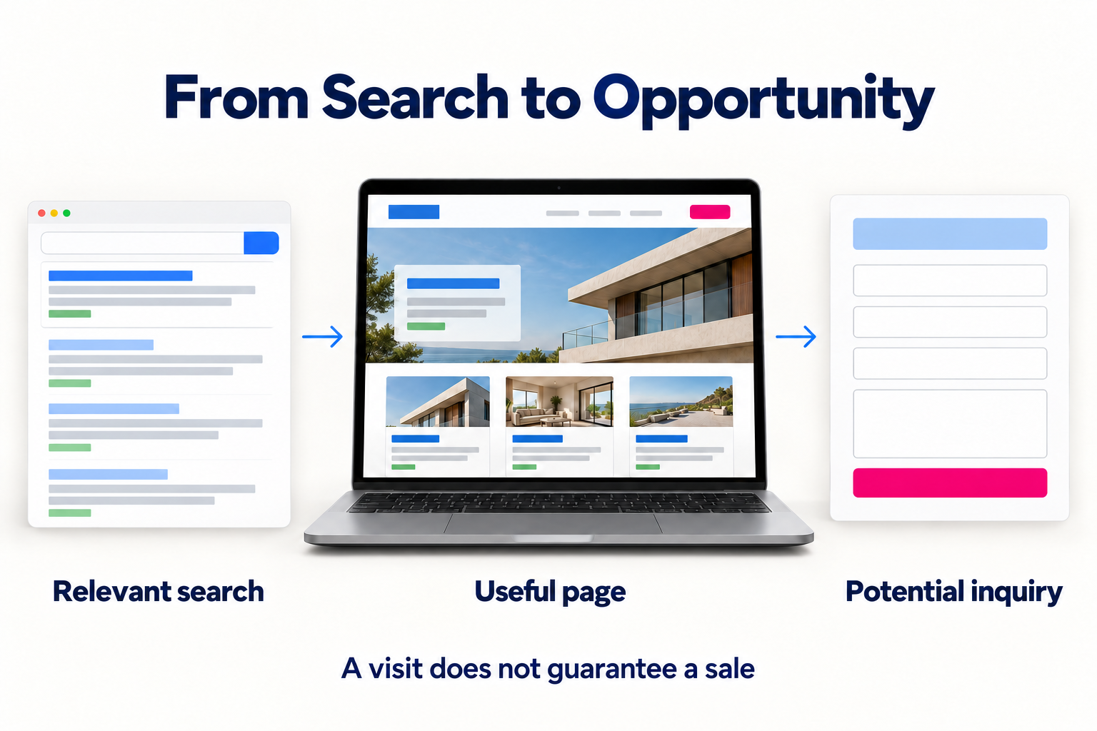 A search connects to a service page and a potential customer inquiry.