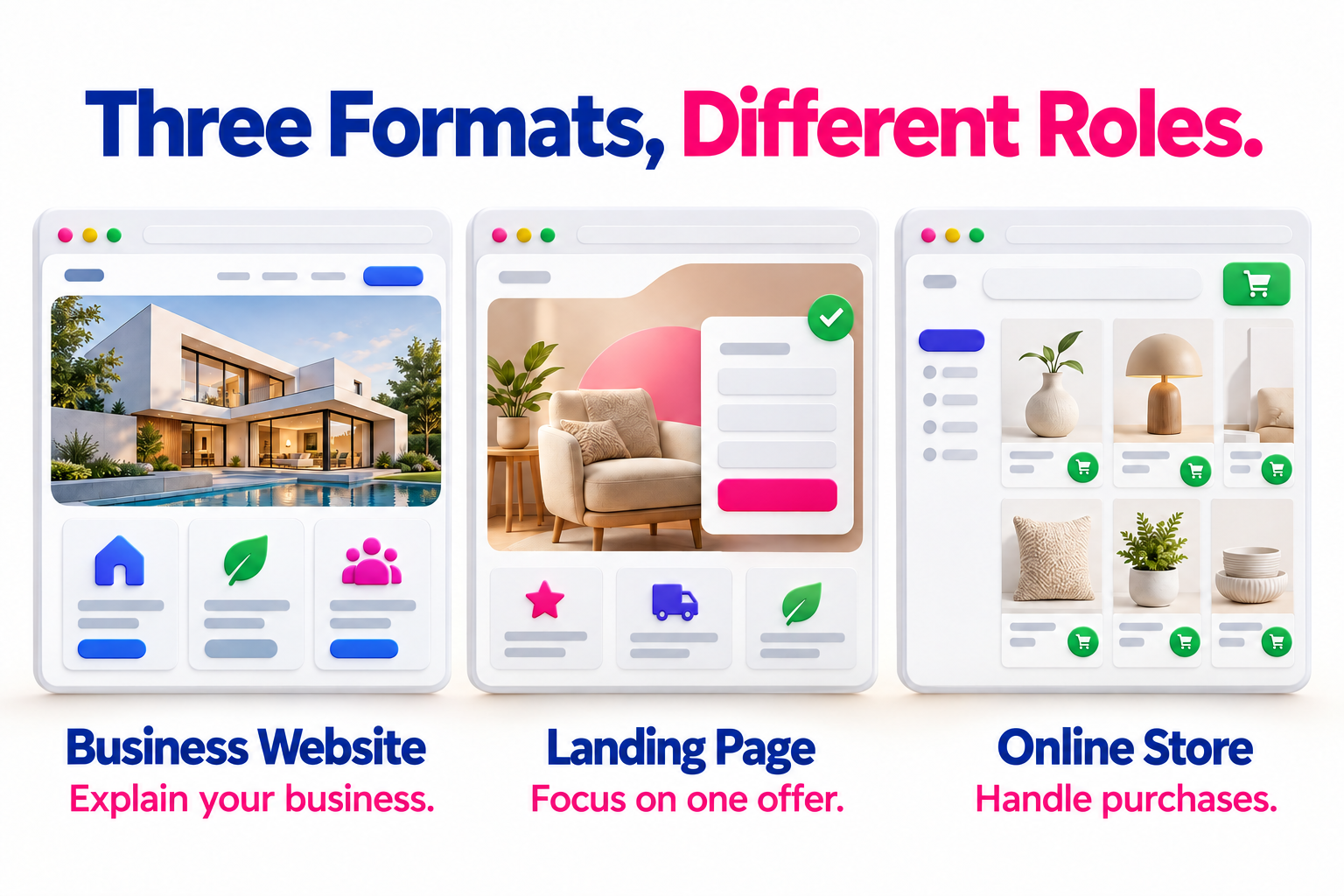 A business website explains services, a landing page focuses on an offer, and an online store handles purchases.