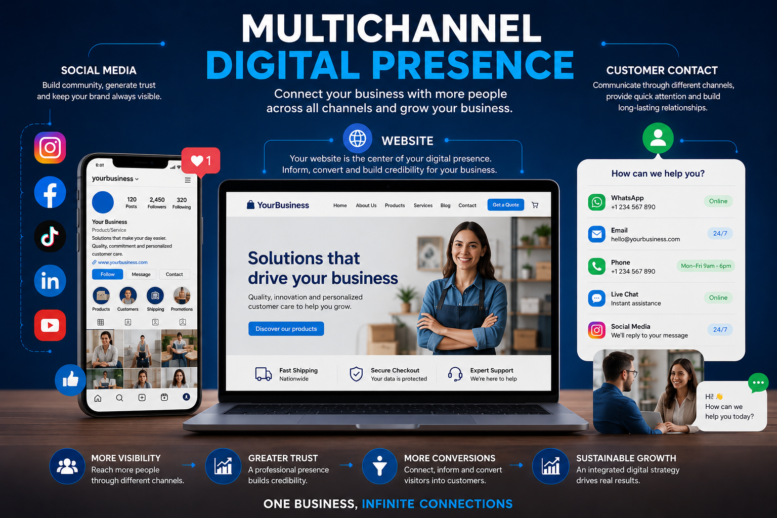 Multichannel digital presence combining a business website, social media, and customer communication